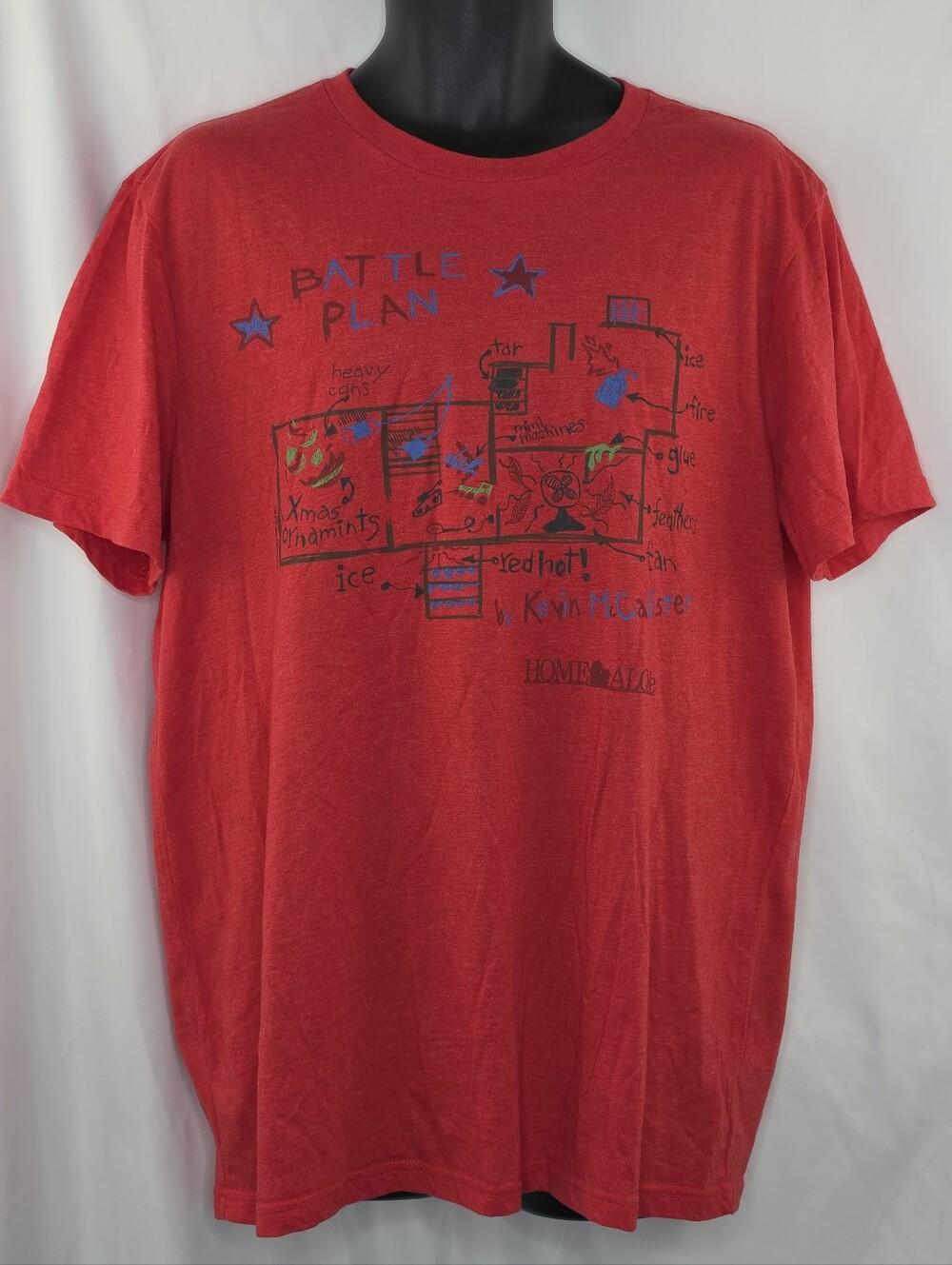 Home Alone Men's Red Graphic Tee Kevin McCallister's "battle plan" Size XL 4037